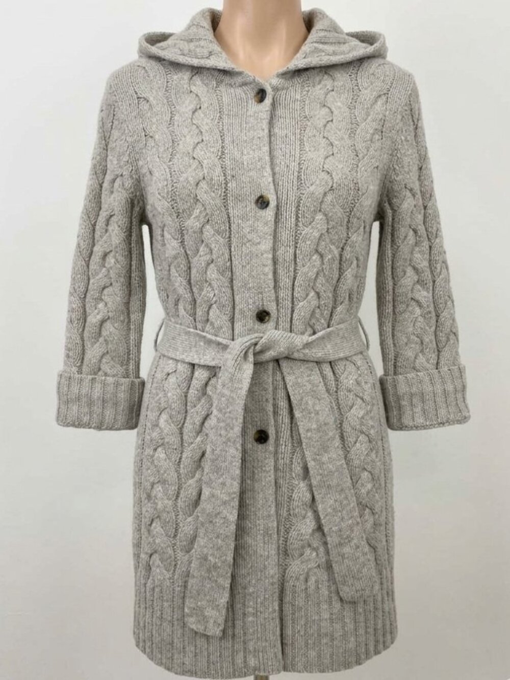 Gant Gray Wool Cable Knit Button Belted Cardigan Sweater Coat Women's M